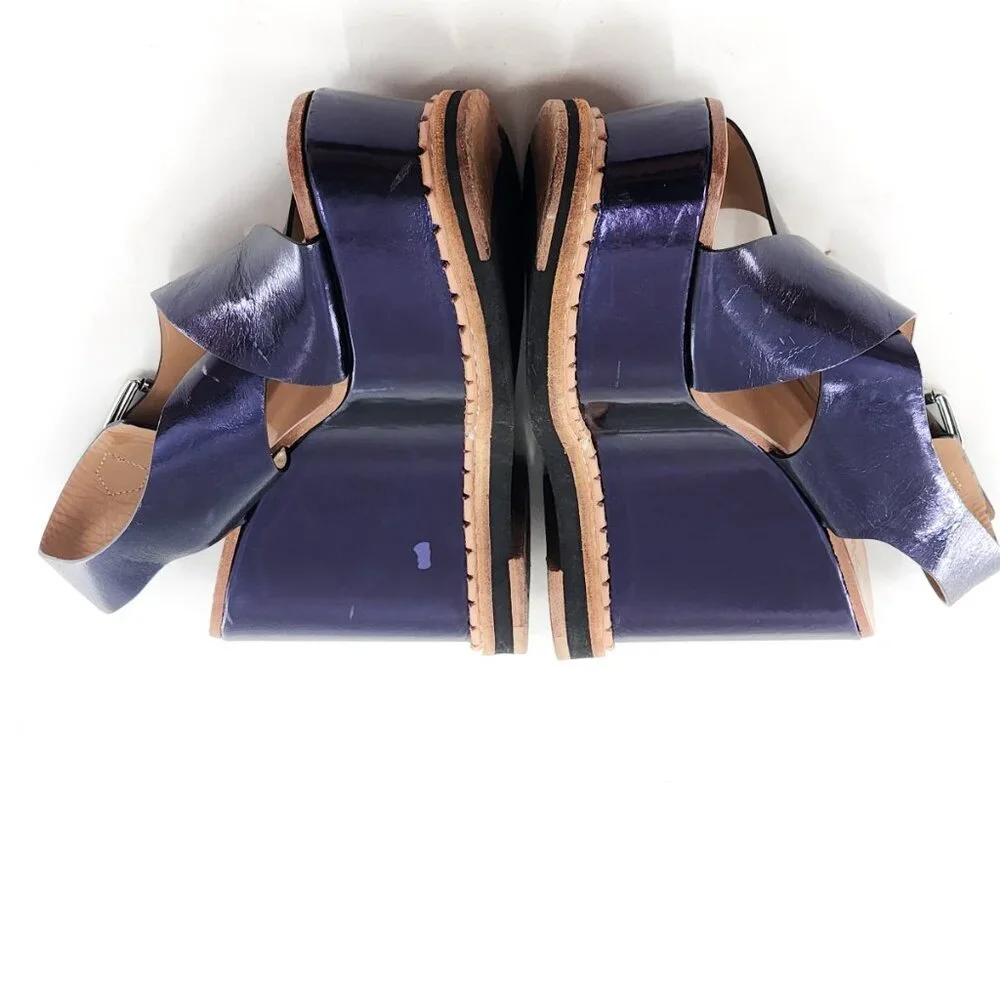 FLAMINGOS Trendy Metallic Blue Leather Platform Wedge Sandal
